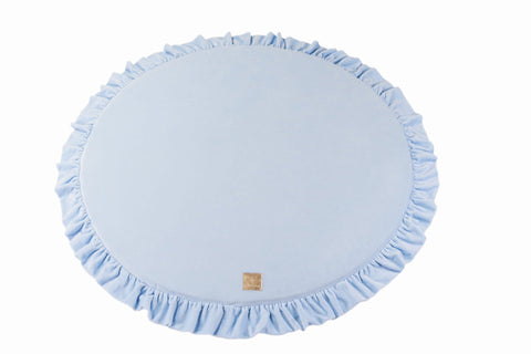 1. Baby blue round play mat with frill edge on white background, featuring MeowBaby brand logo