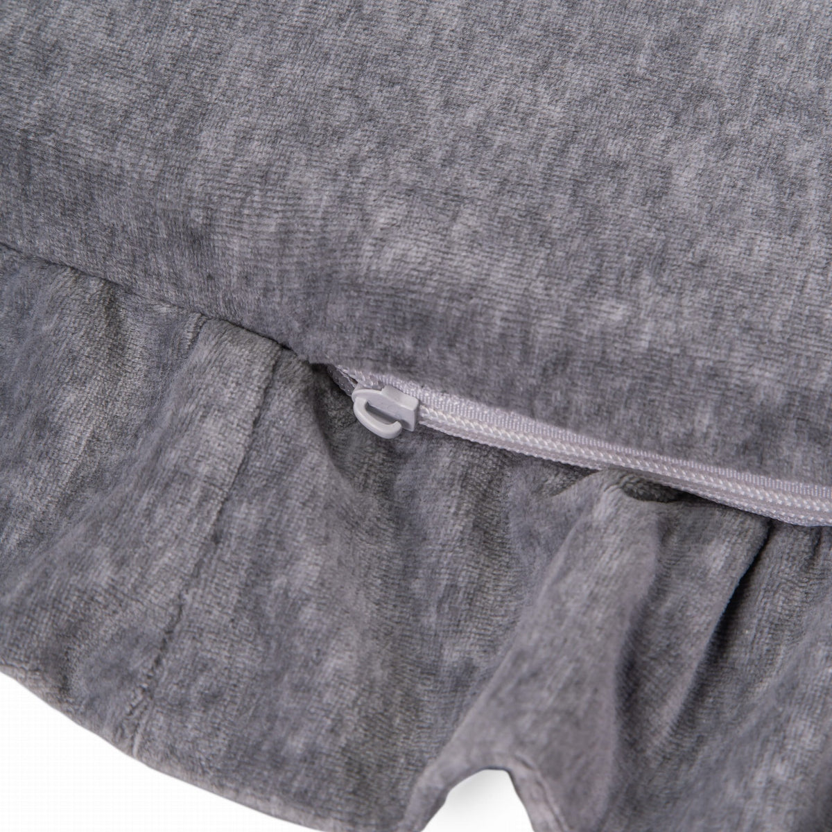 3. Close-up of grey velvet play mat showing zipper and frill detail