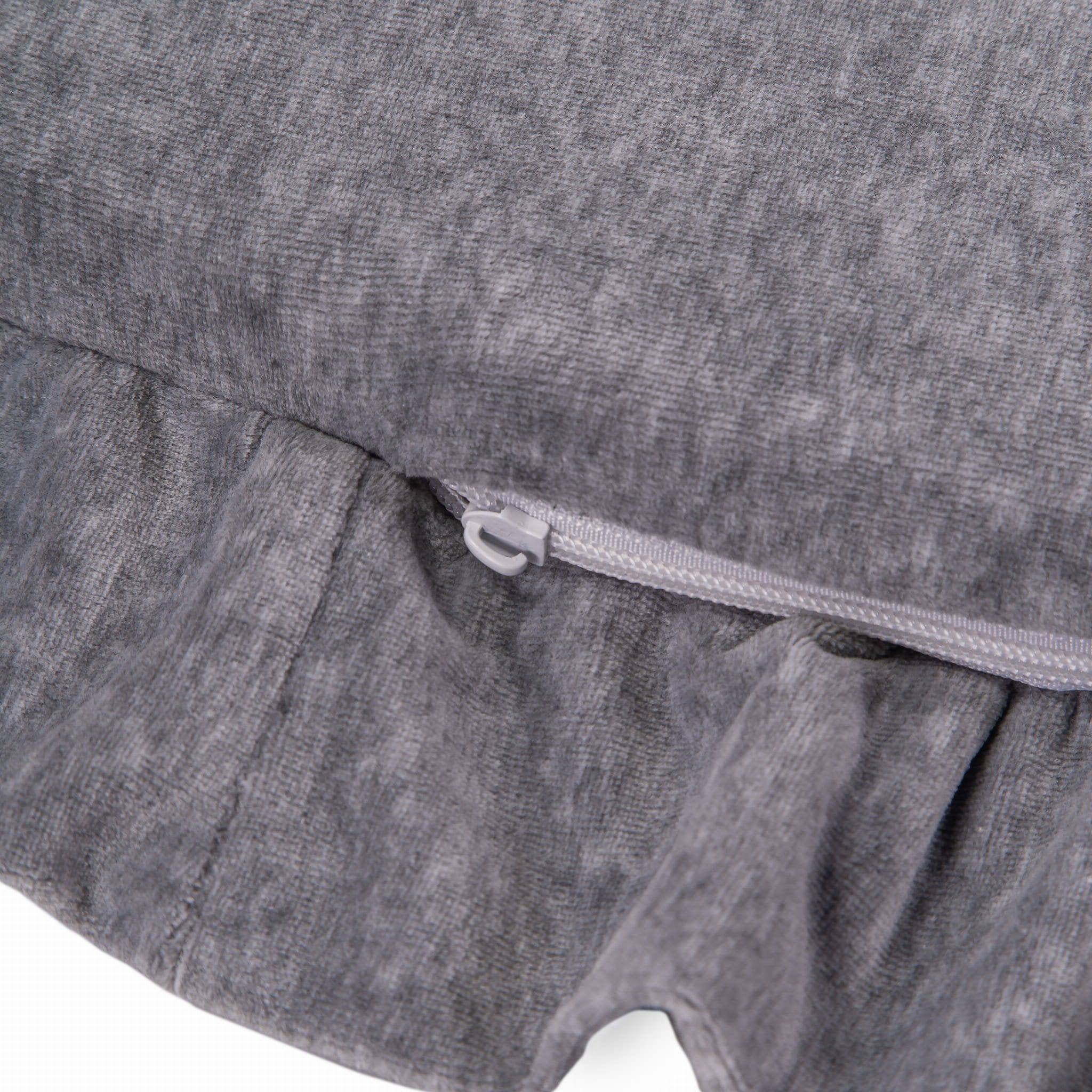 3. Close-up of grey velvet play mat showing zipper and frill detail
