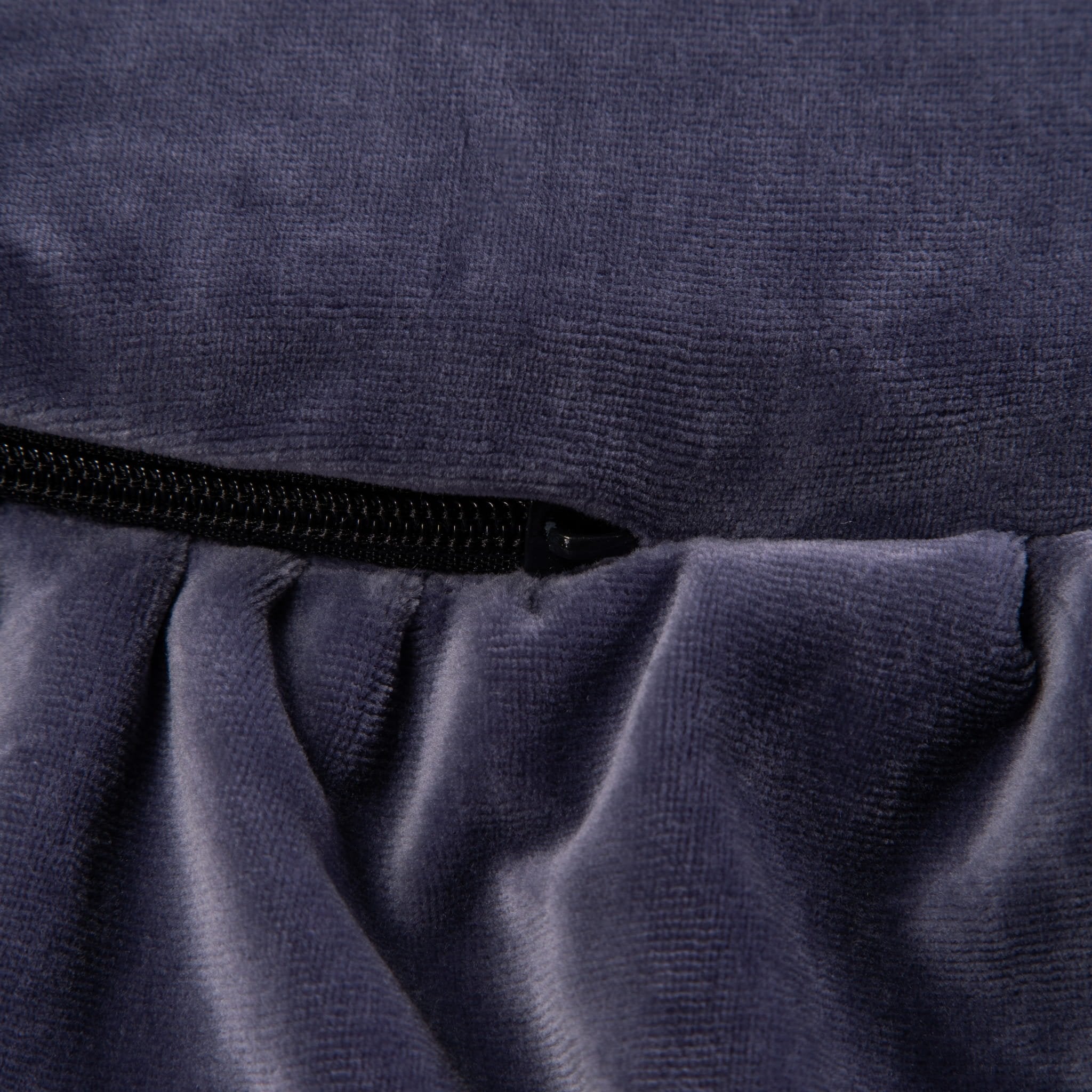 3. Close-up of blue-grey velvet fabric with frill and zipper detail on MeowBaby play mat