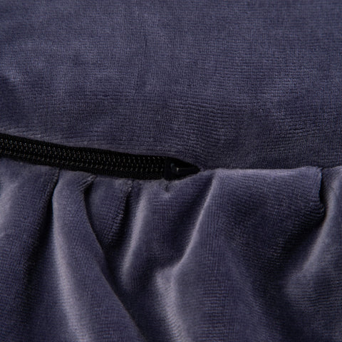 3. Close-up of blue-grey velvet fabric with frill and zipper detail on MeowBaby play mat