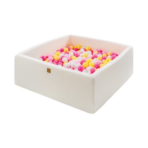 1. MeowBaby white boucle square ball pit filled with pink, yellow, and white balls, shown in a studio setting highlighting soft foam construction and modern design