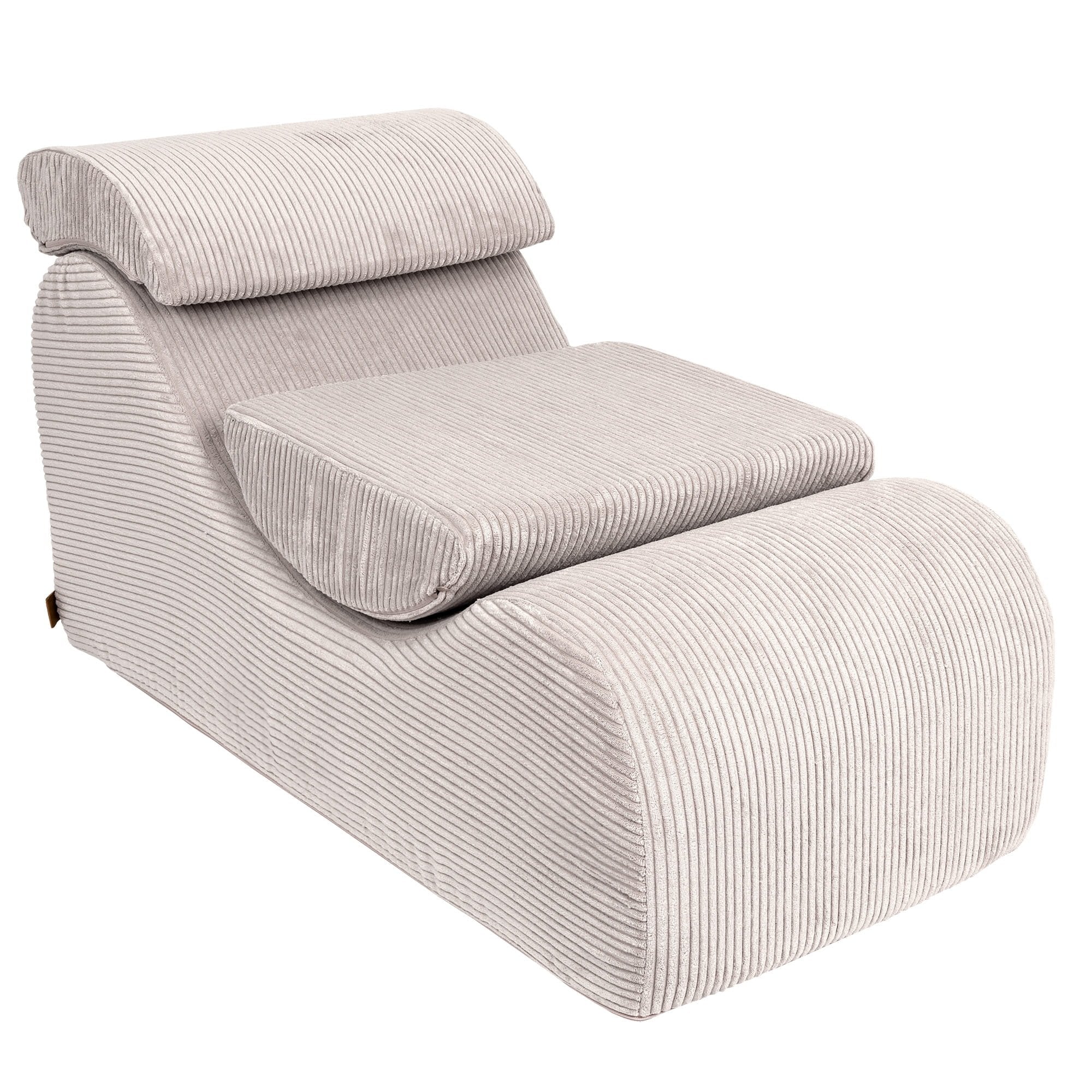 1. Ecru wave lounger with ergonomic headrest and footrest in ribbed fabric, shown in a studio setting