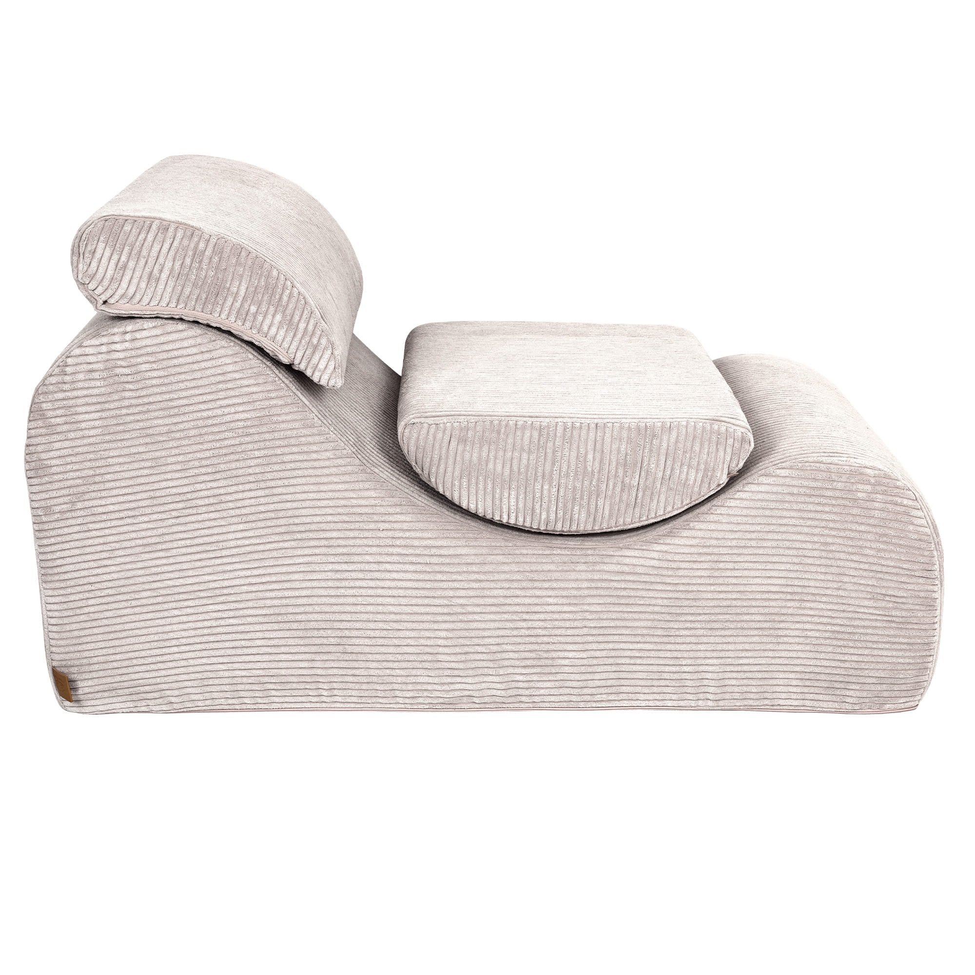 7. Side view of ecru wave lounger with folded footrest and headrest in ribbed fabric