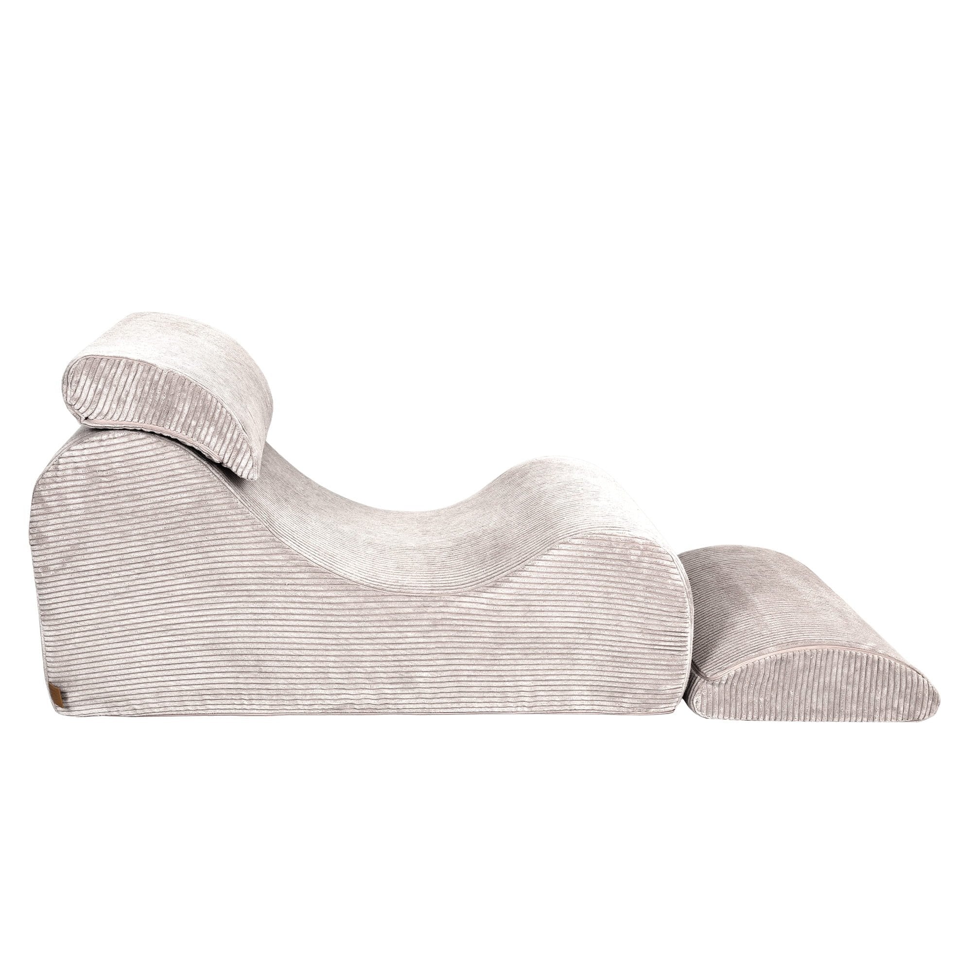 6. Side view of ecru wave lounger with extended footrest and headrest in ribbed fabric