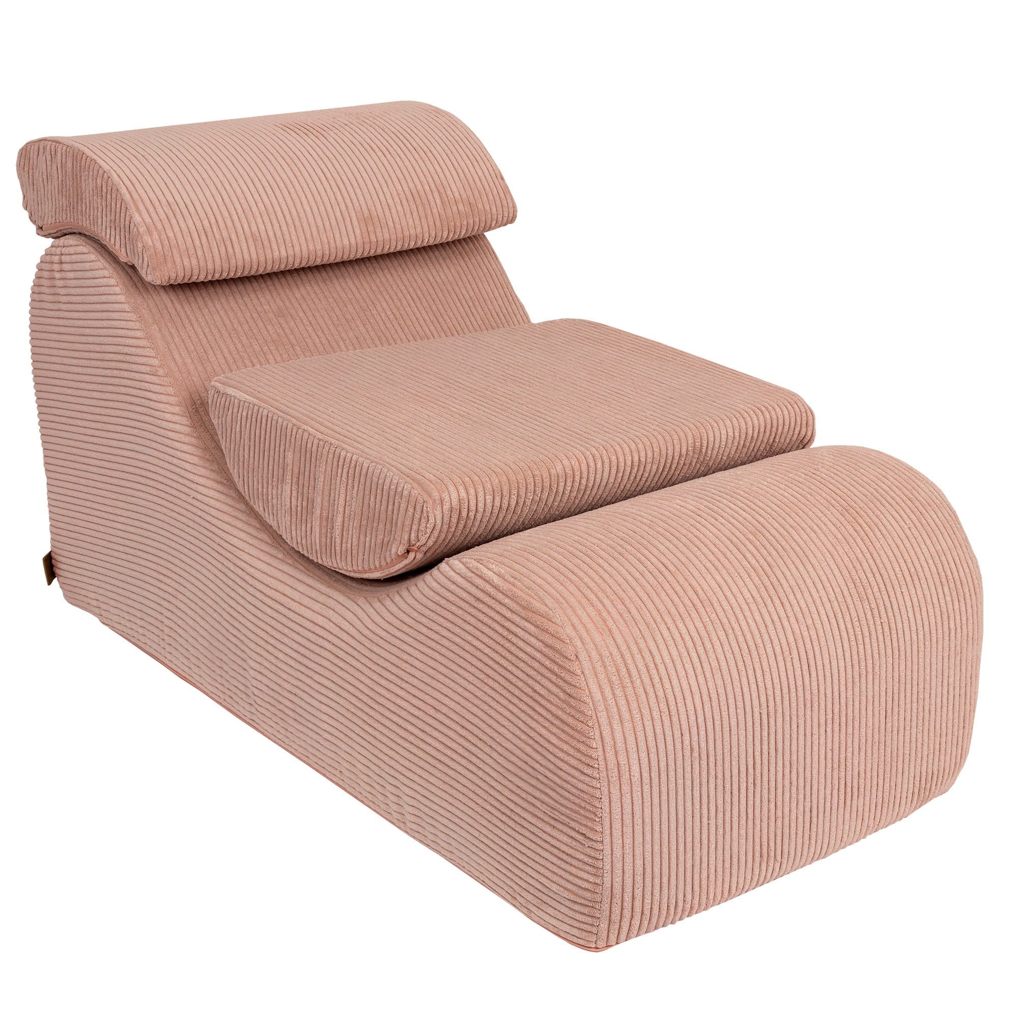 1. Powder rose wave lounger with ergonomic headrest and footrest in studio setting