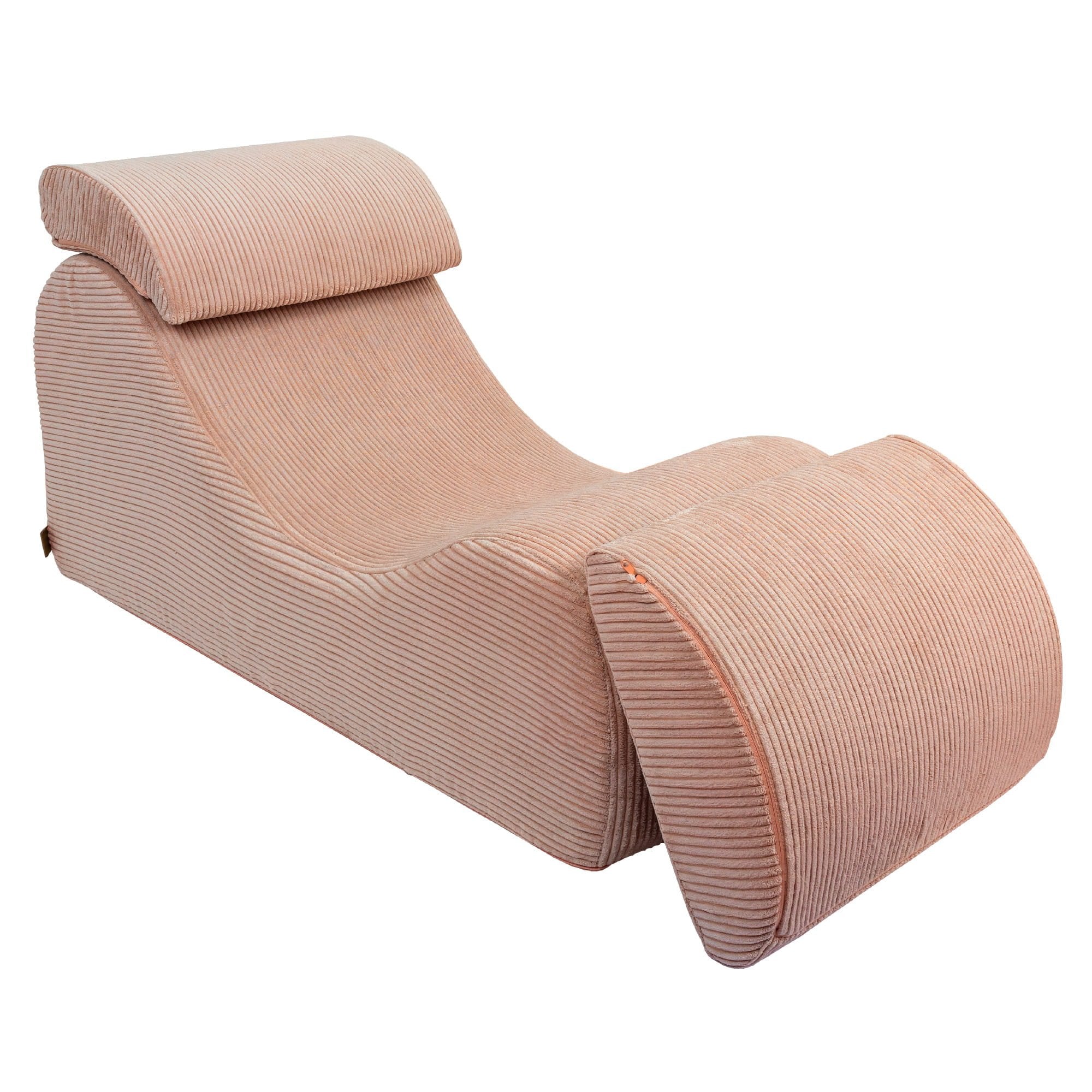 8. Powder rose wave lounger with partially extended footrest and ergonomic headrest in studio setting