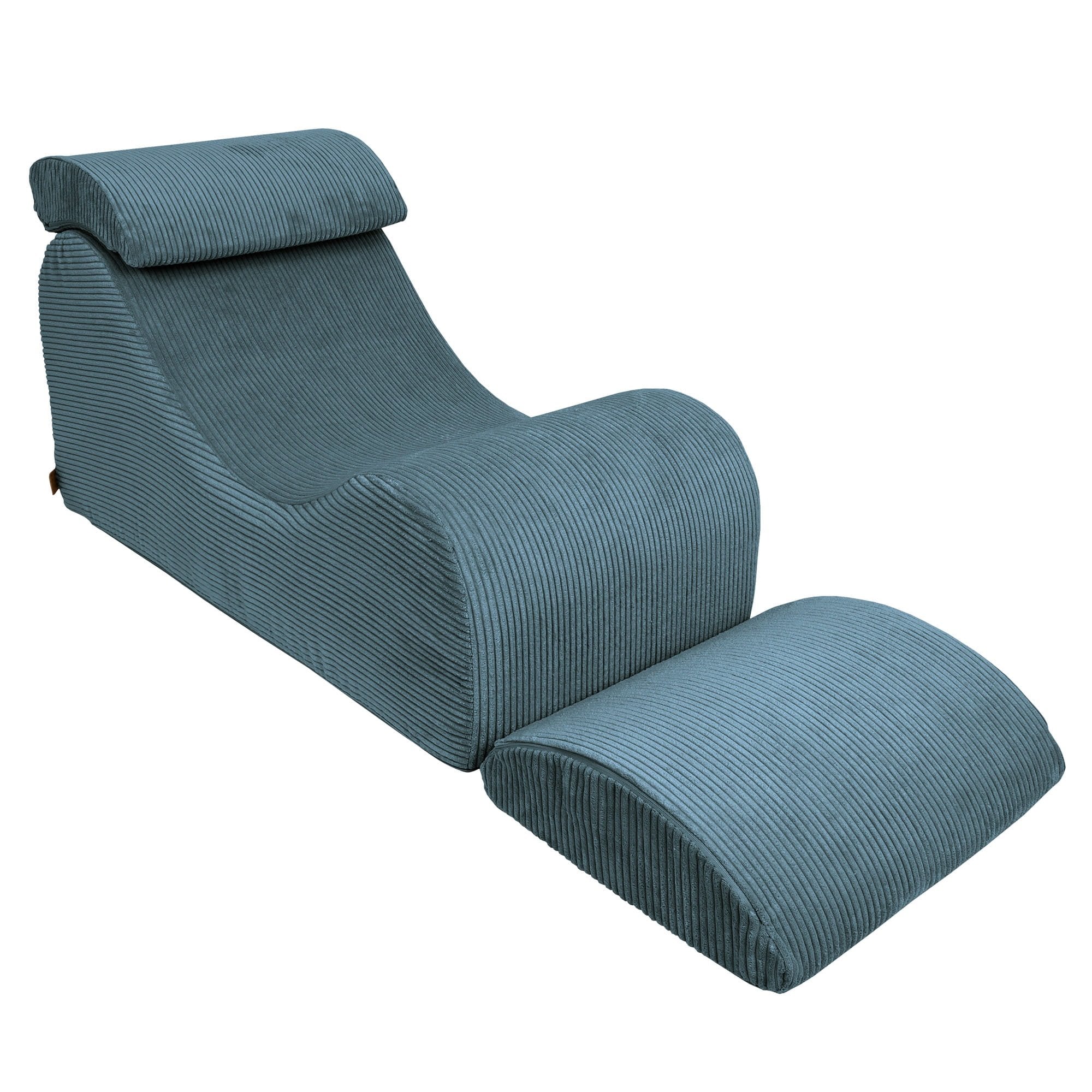 3. Turquoise wave lounger with extended footrest, showcasing ergonomic design in a studio