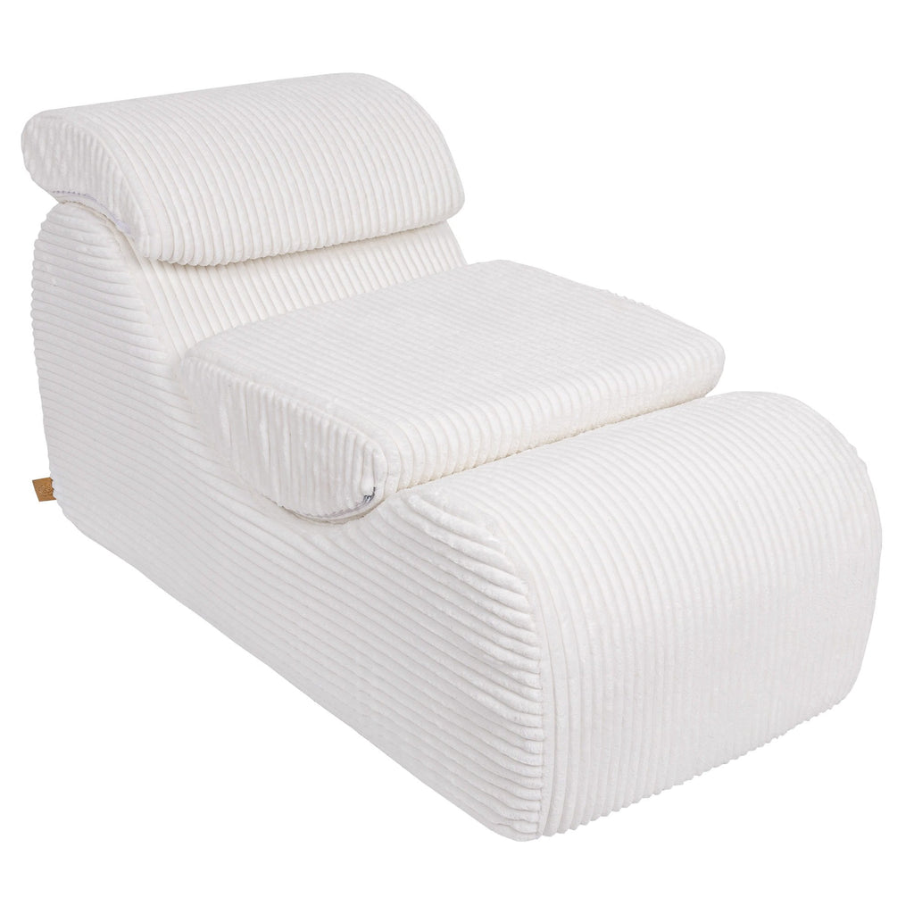 1. White furrycord Wave Lounger with ergonomic design and removable headrest shown in studio setting