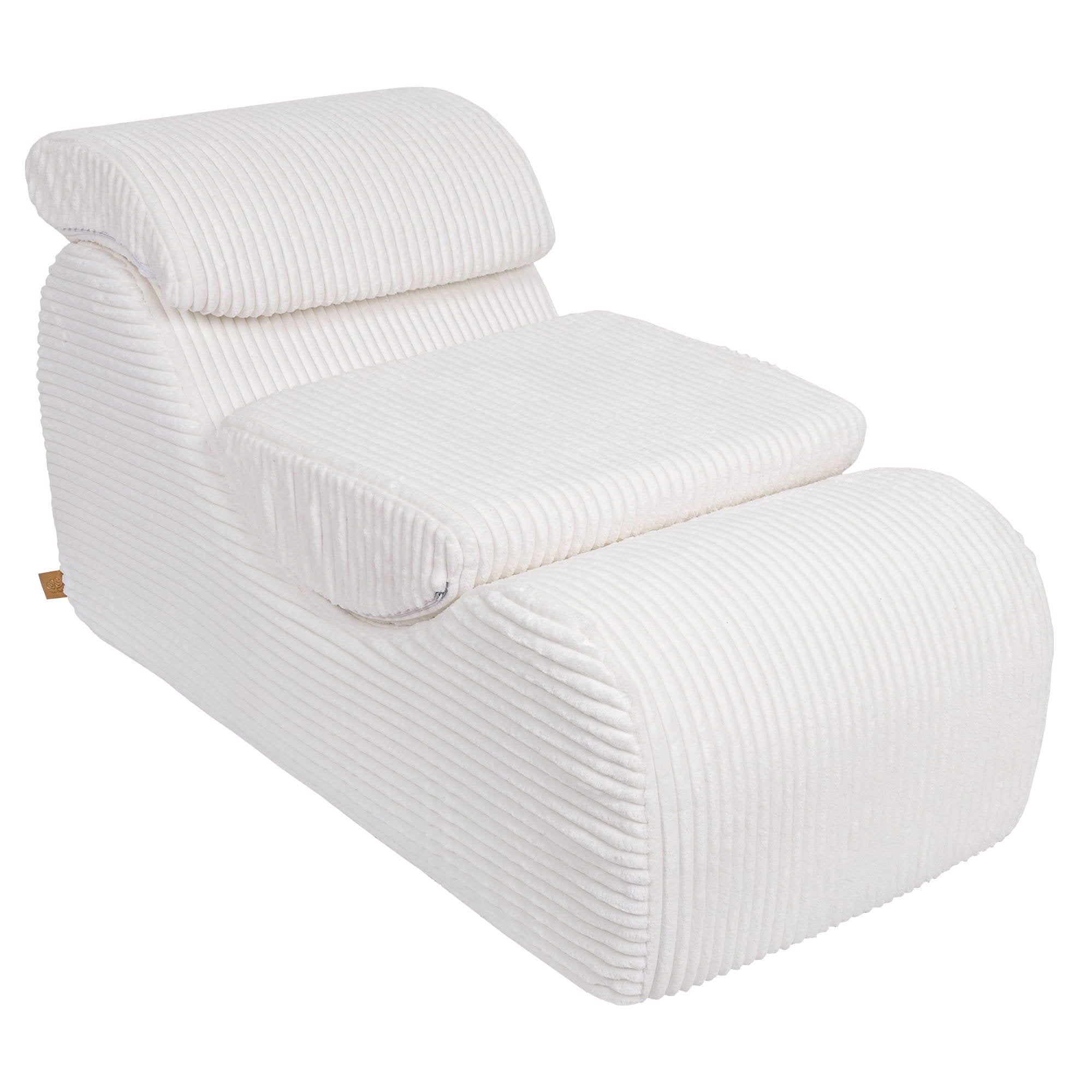 1. White furrycord Wave Lounger with ergonomic design and removable headrest shown in studio setting