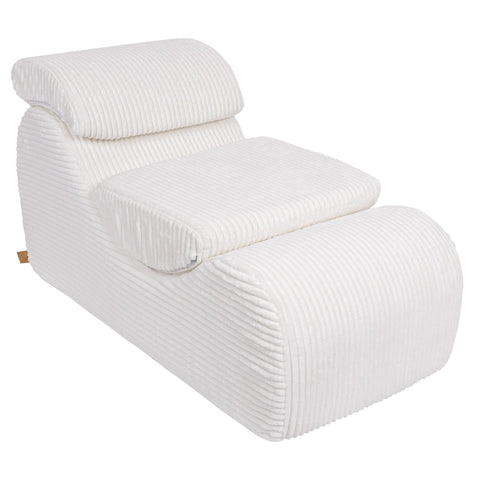 1. White furrycord Wave Lounger with ergonomic design and removable headrest shown in studio setting