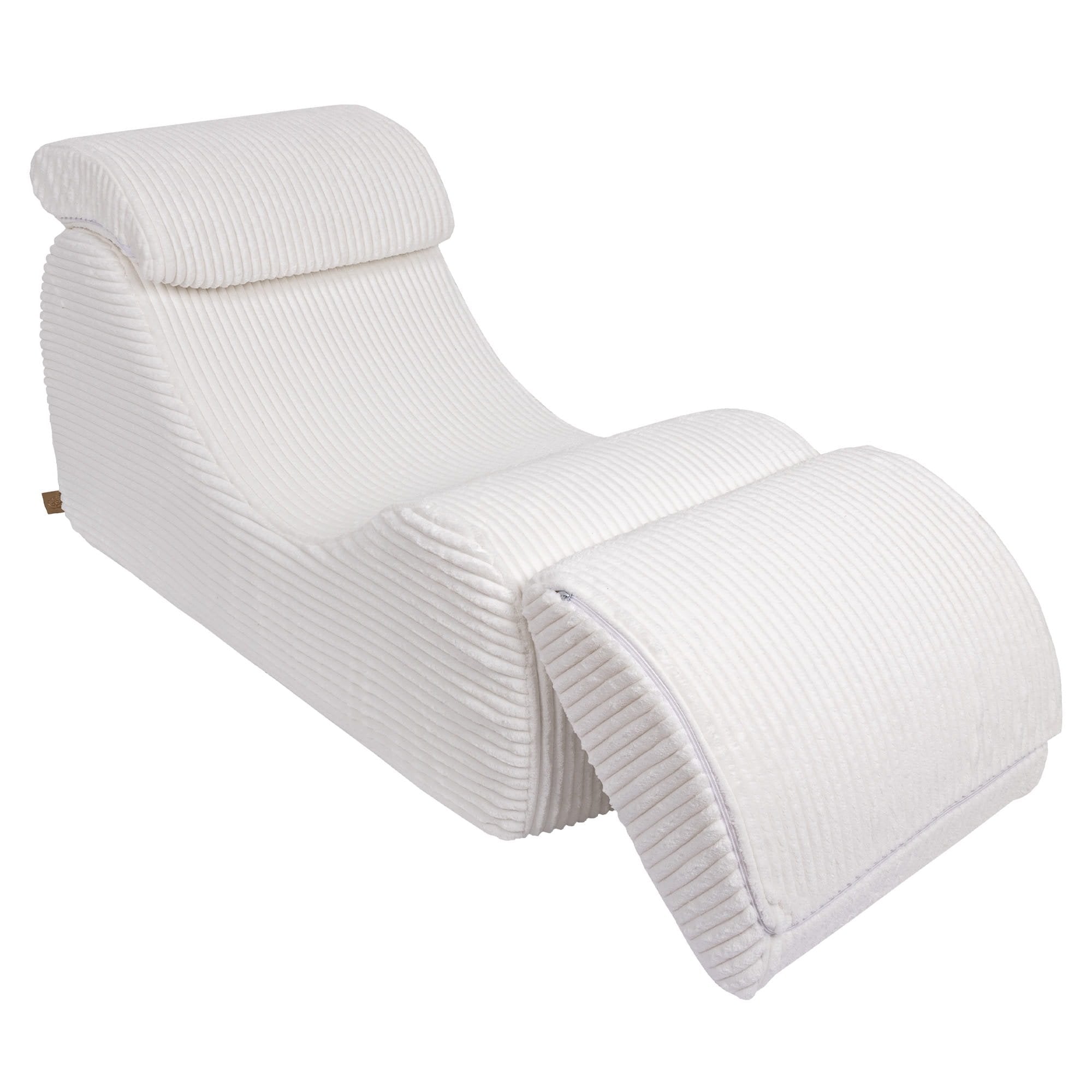6. White furrycord Wave Lounger with adjustable footrest, highlighting versatility