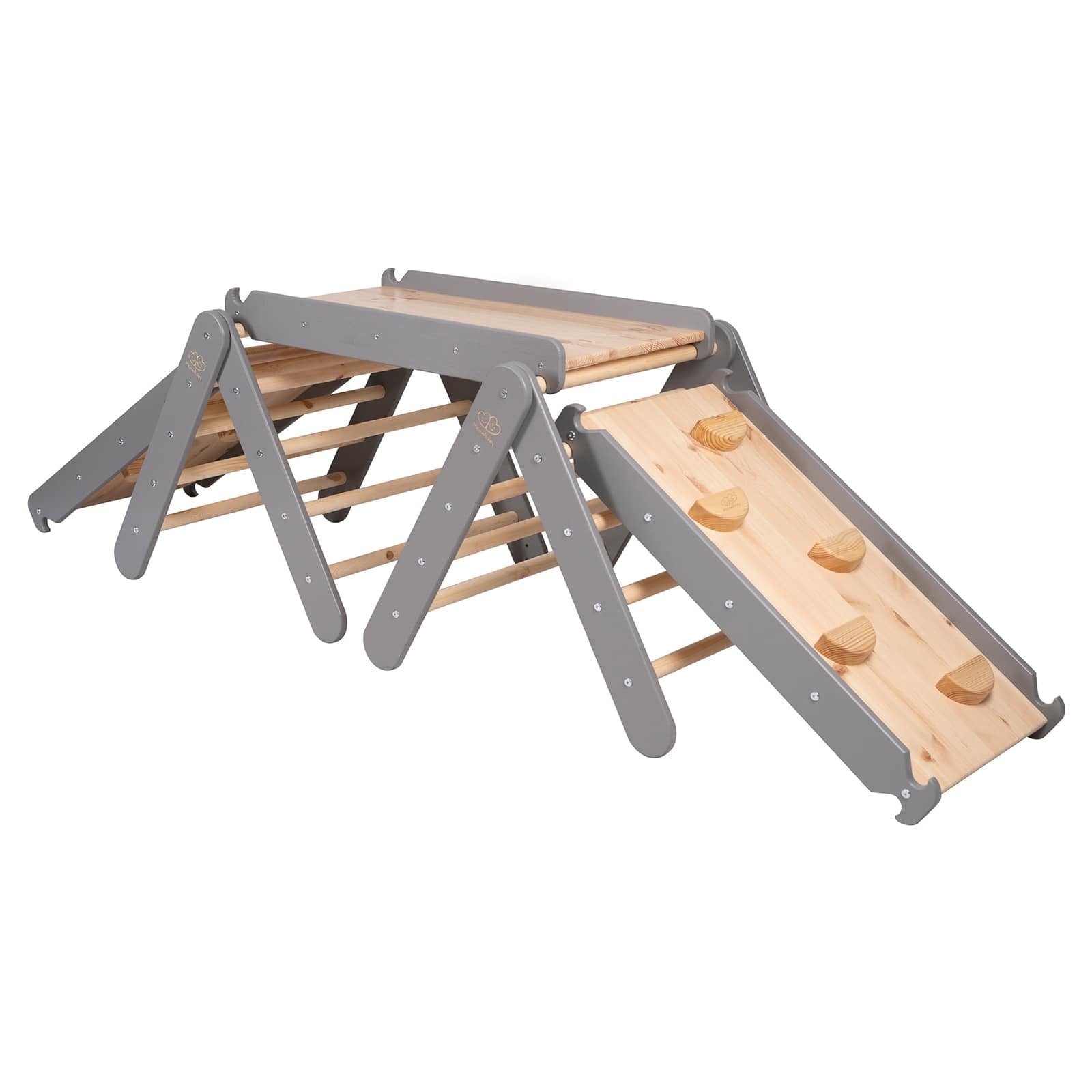 6. Grey wooden climbing triangle set with slide and climbing holds by MeowBaby, shown in a studio setting
