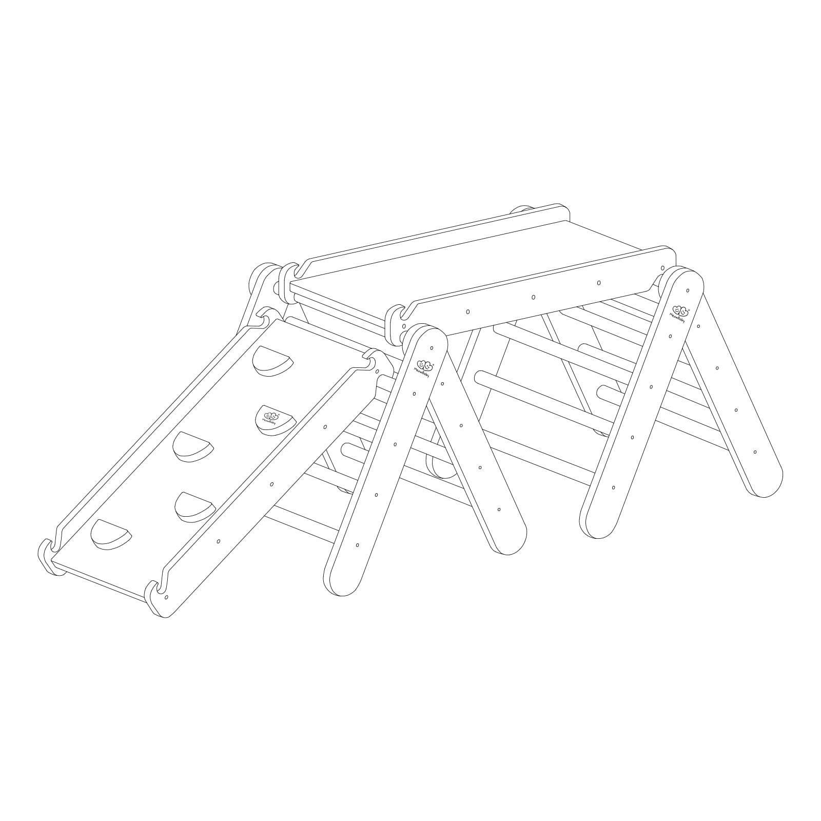 2. Black and white line drawing of MeowBaby climbing triangle set with slide and climbing frame, showing structural details