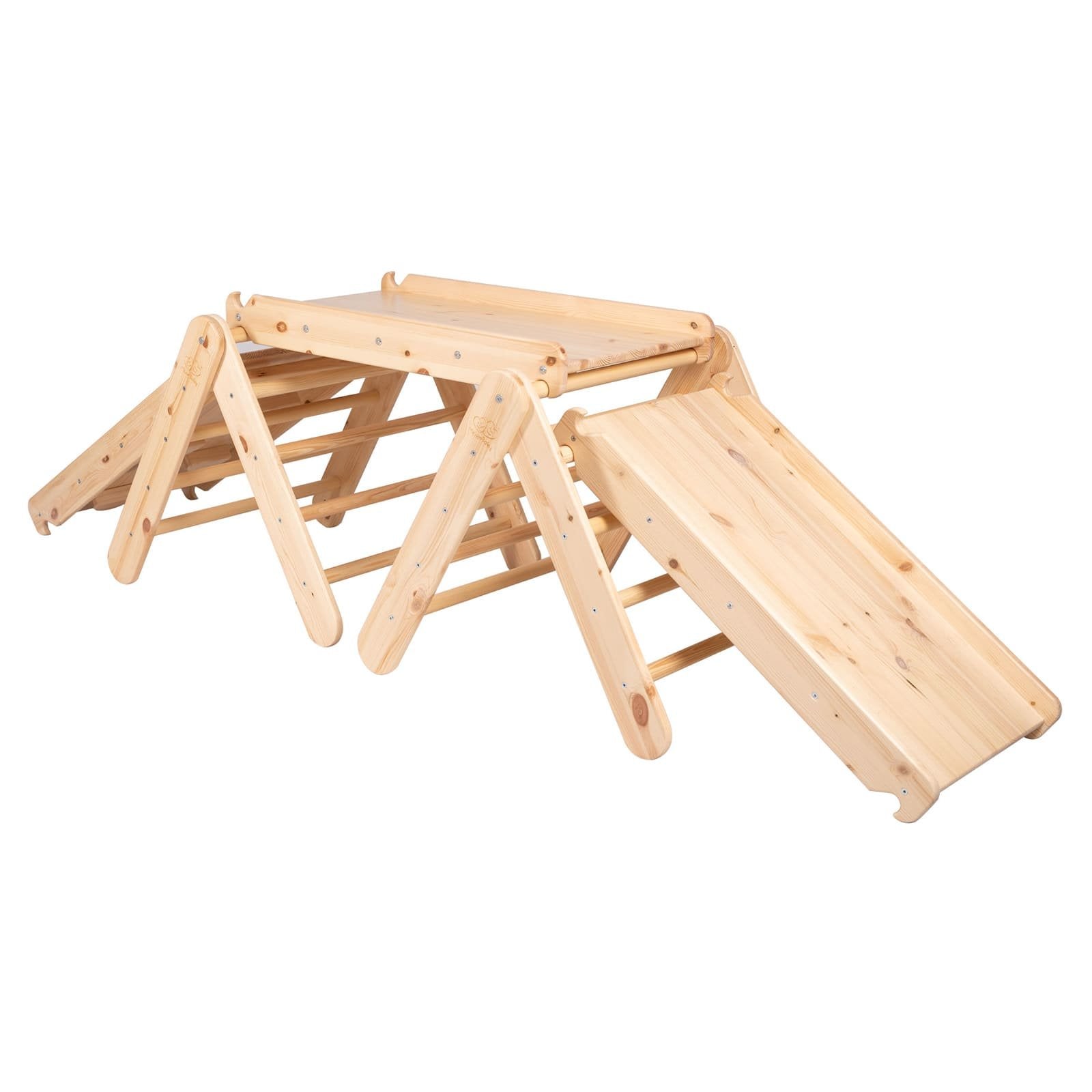 1. Natural wood climbing triangle set with slide and climbing frame, featuring a stable and lightweight design