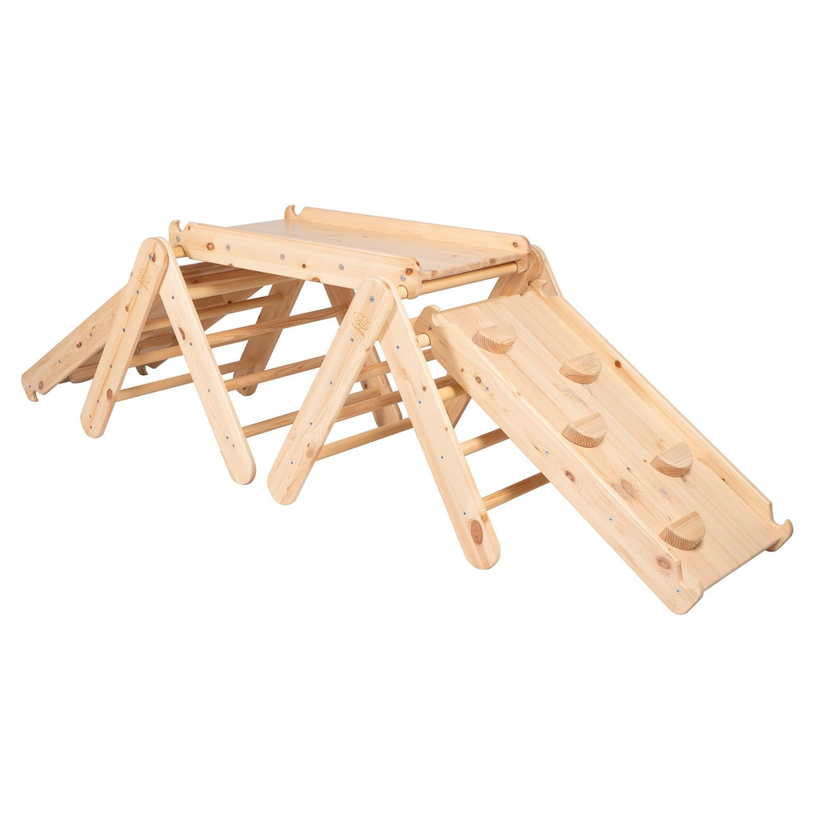 4. Natural wood climbing triangle set with slide featuring climbing holds, shown in studio setting