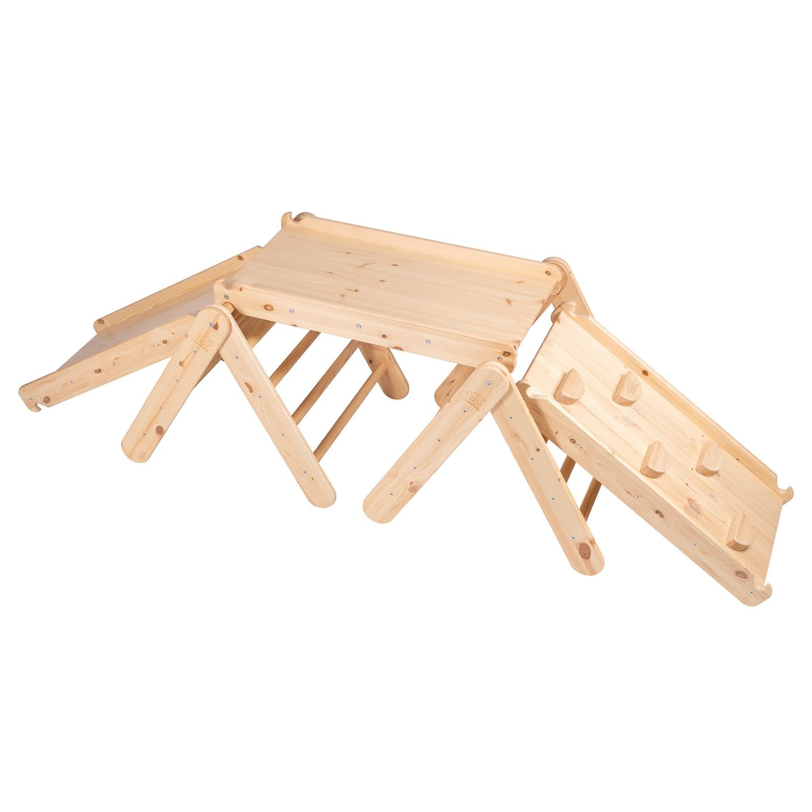 5. Natural wood climbing triangle set with slide and climbing holds, viewed from side
