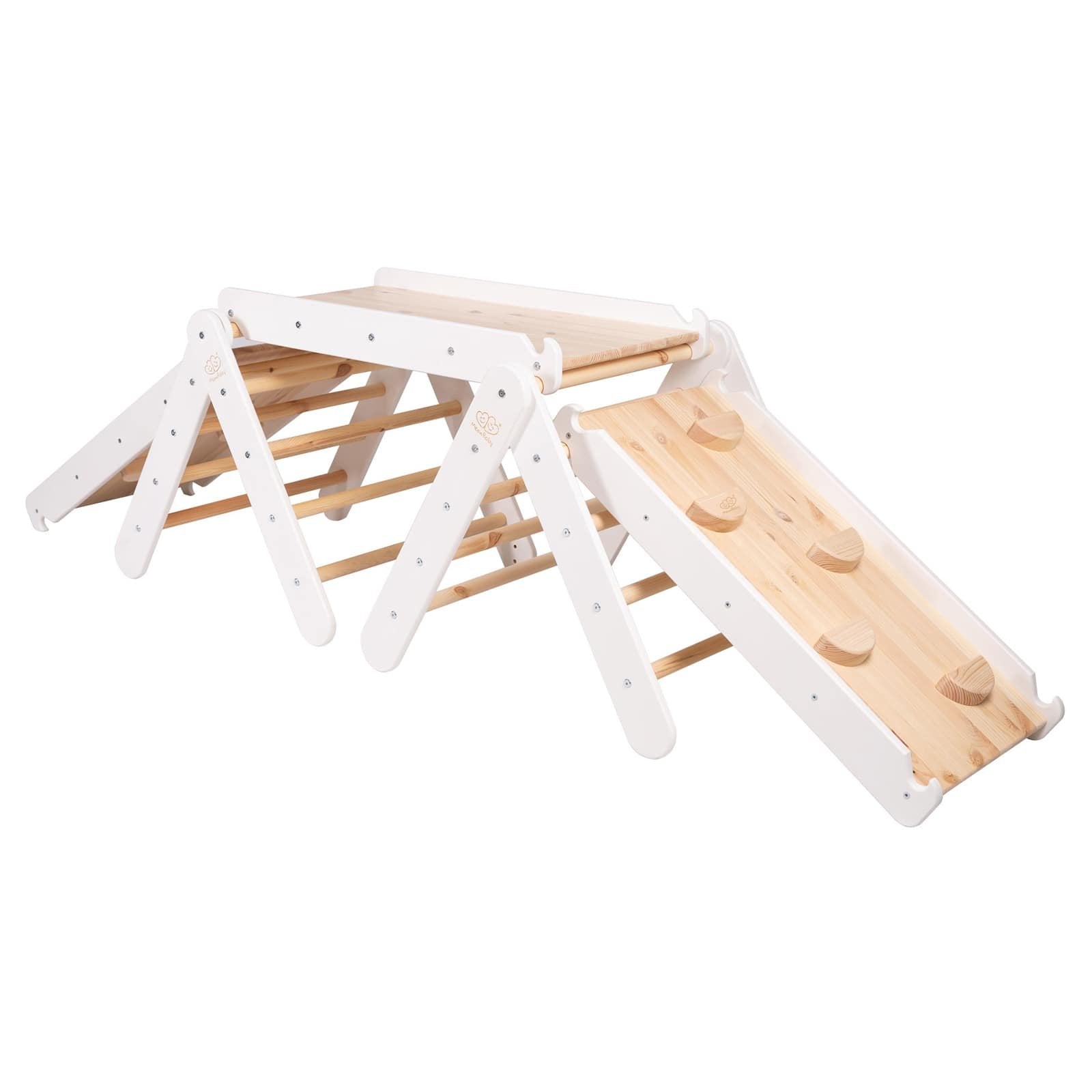 1. White wooden climbing triangle set with slide and climbing frame by MeowBaby, featuring natural wood accents, shown in a studio setting