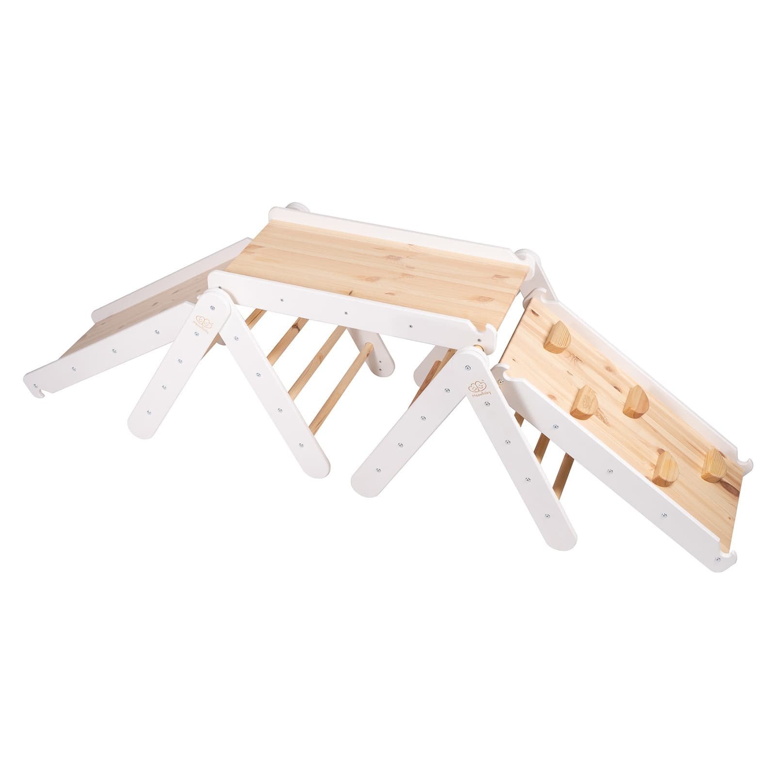 4. White wooden climbing triangle set with slide and climbing frame by MeowBaby, featuring natural wood accents, shown from a side angle