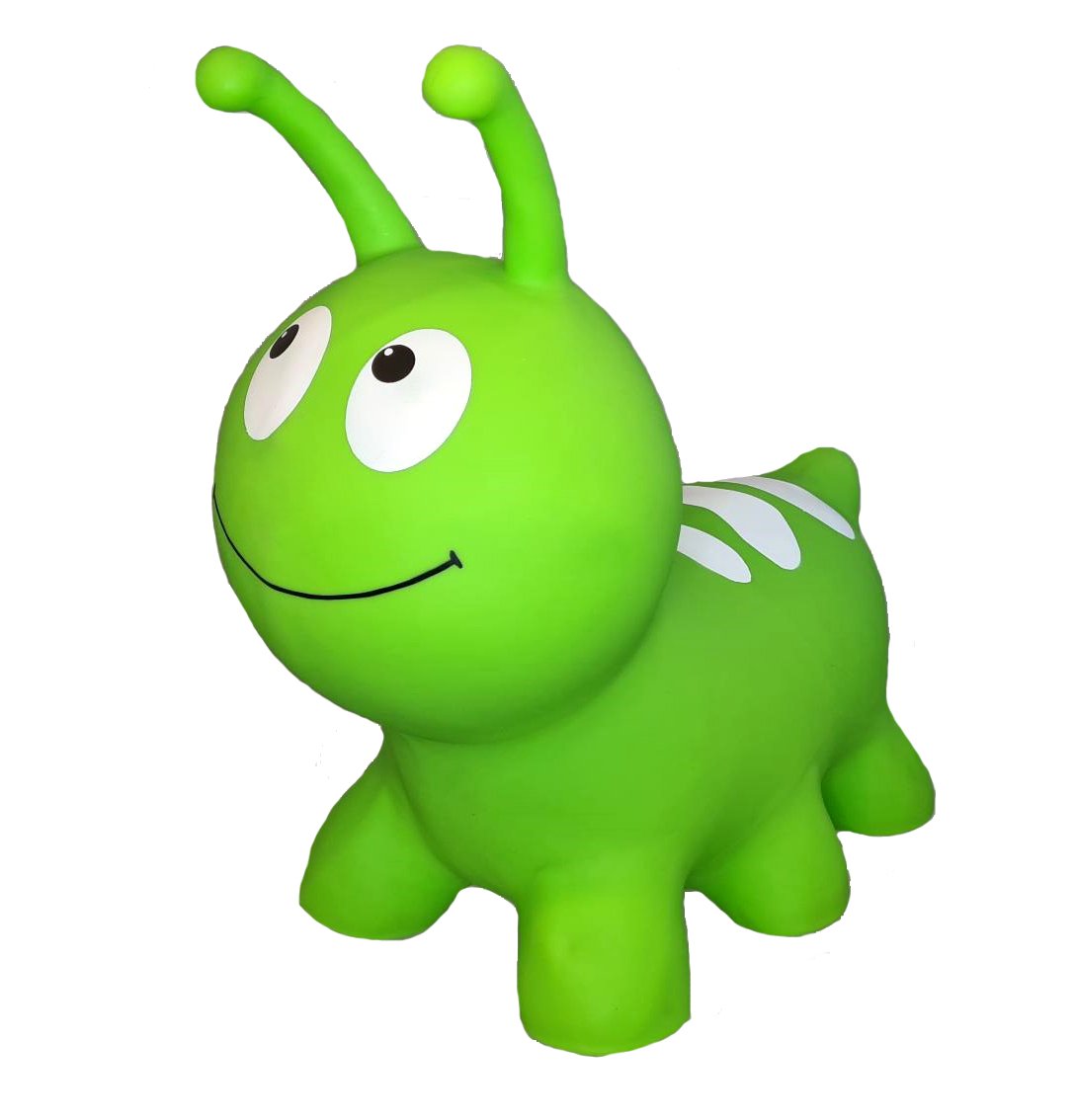 2. Green worm-shaped hopper toy with white wing details, designed for children, shown on a white background