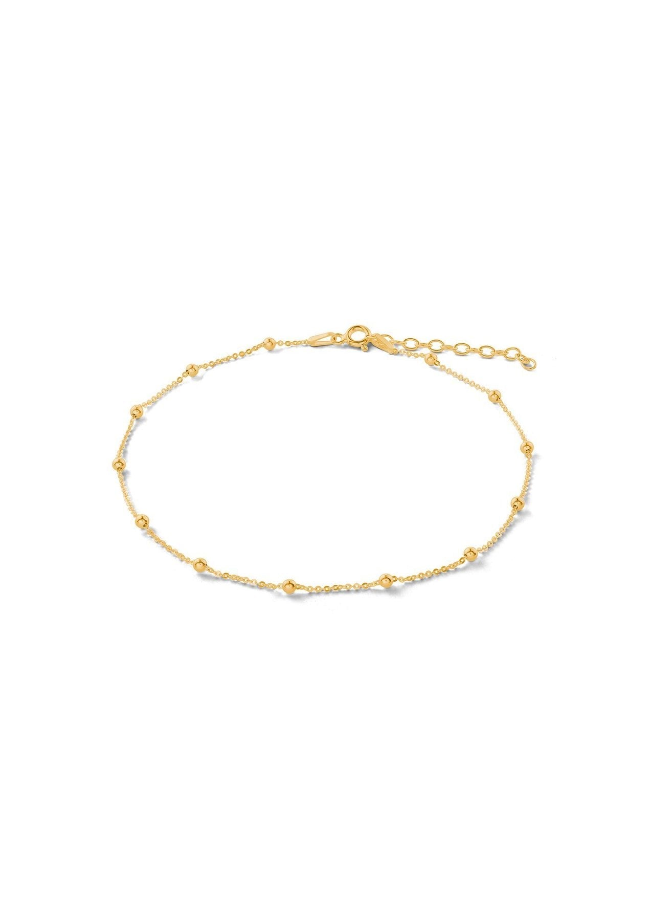 2. Studio image of NO MORE Mini Bubble Anklet in gold, featuring adjustable chain and bubble design