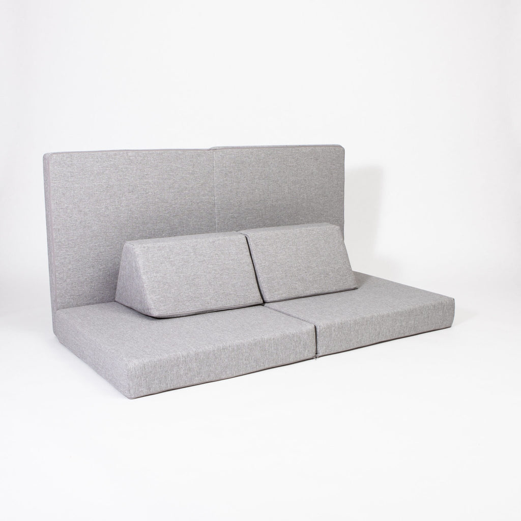 2. Grey Monboxy activity play mattress set with trapezoidal pillows on white background