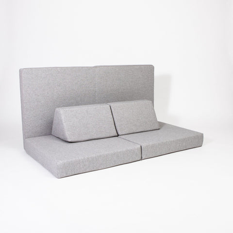 2. Grey Monboxy activity play mattress set with trapezoidal pillows on white background