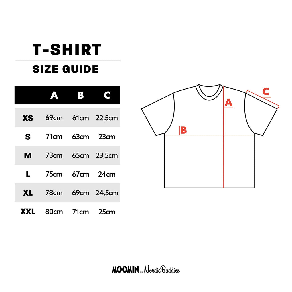 10. Size chart for Moomin Classics heavy t-shirt, showing XS–XXL in cm with fit diagram