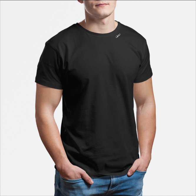 3. Unisex white organic cotton T-shirt by Beebila worn by male model, featuring embroidered collar in studio setting