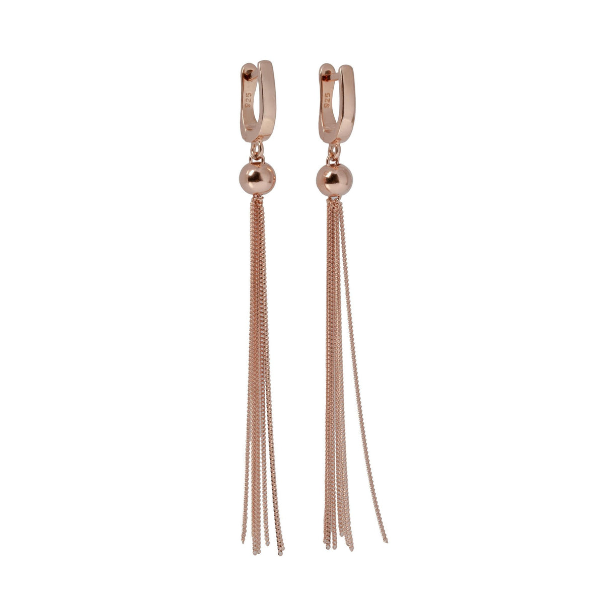 1. MyaMoon Mya Friday Night Earrings in rose gold with delicate ball and fine chains, featuring classic English lock, studio shot