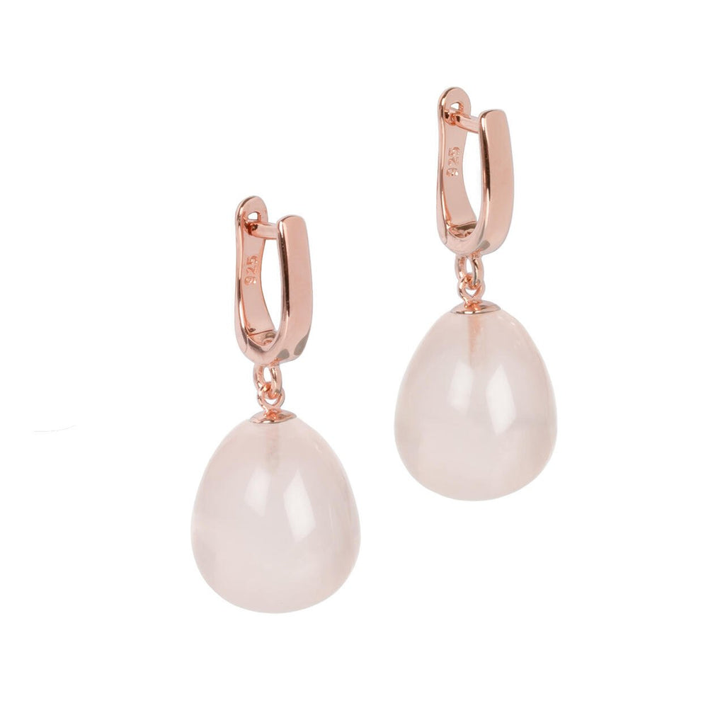 3. Rose gold-plated teardrop rose quartz earrings with English lock on white background