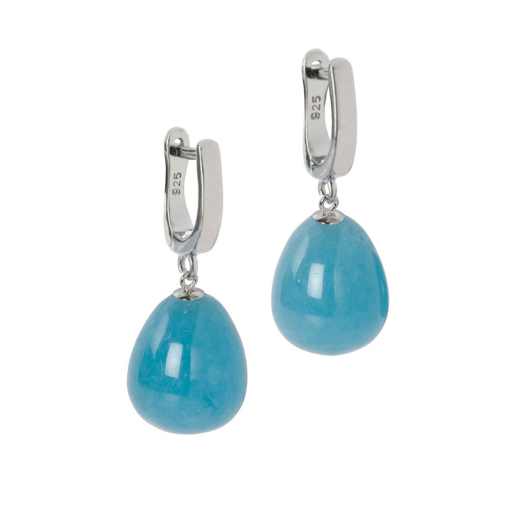 1. Pair of MyaMoon aquamarine teardrop earrings with silver plating and English lock, showcasing natural gemstone on white background