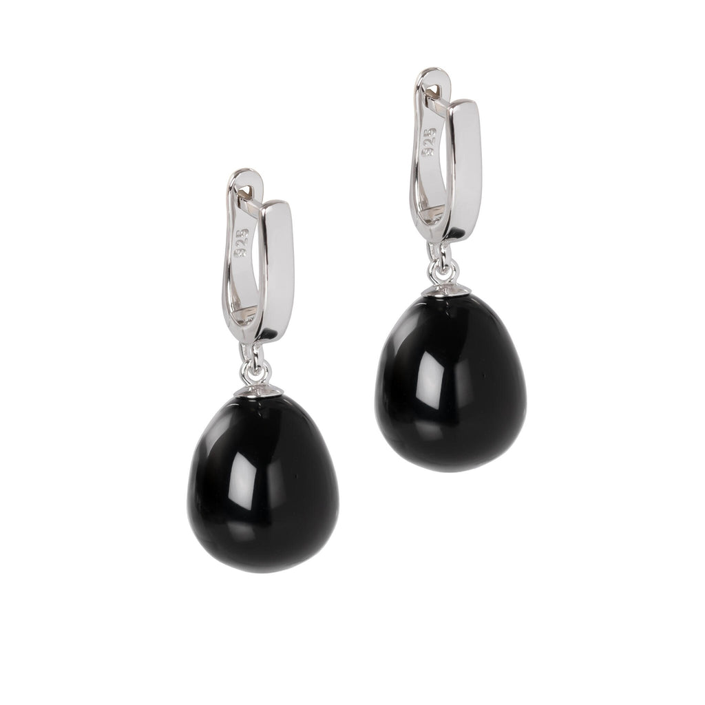 1. MyaMoon silver teardrop onyx earrings with English lock on white background