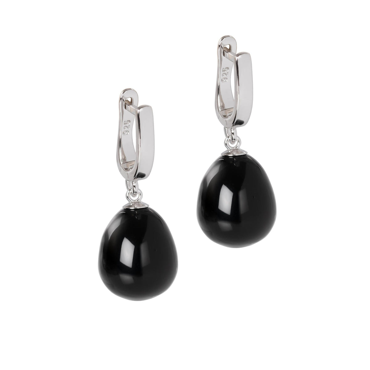 1. MyaMoon silver teardrop onyx earrings with English lock on white background