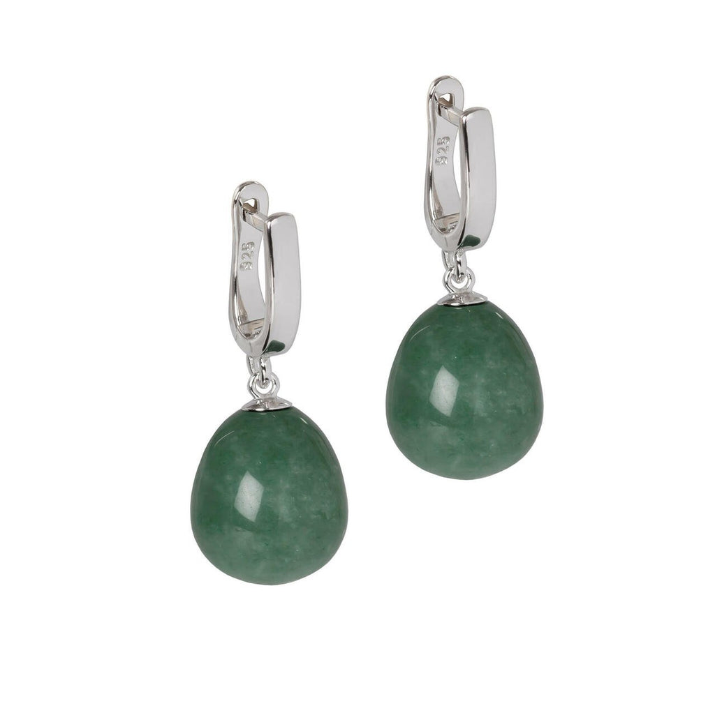 1. MyaMoon silver aventurine earrings with teardrop green stone and English lock on white background