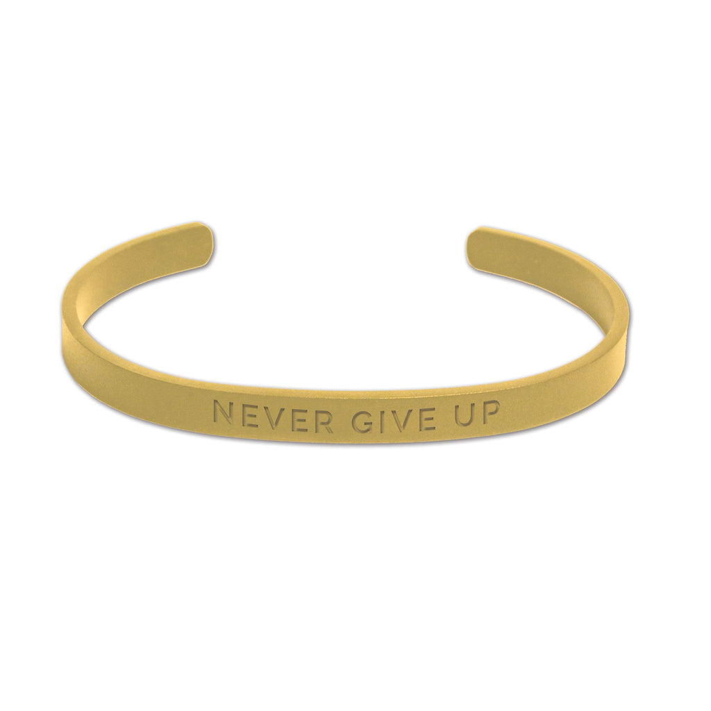 1. Gold men's bracelet with 'NEVER GIVE UP' engraving, shown on a white background