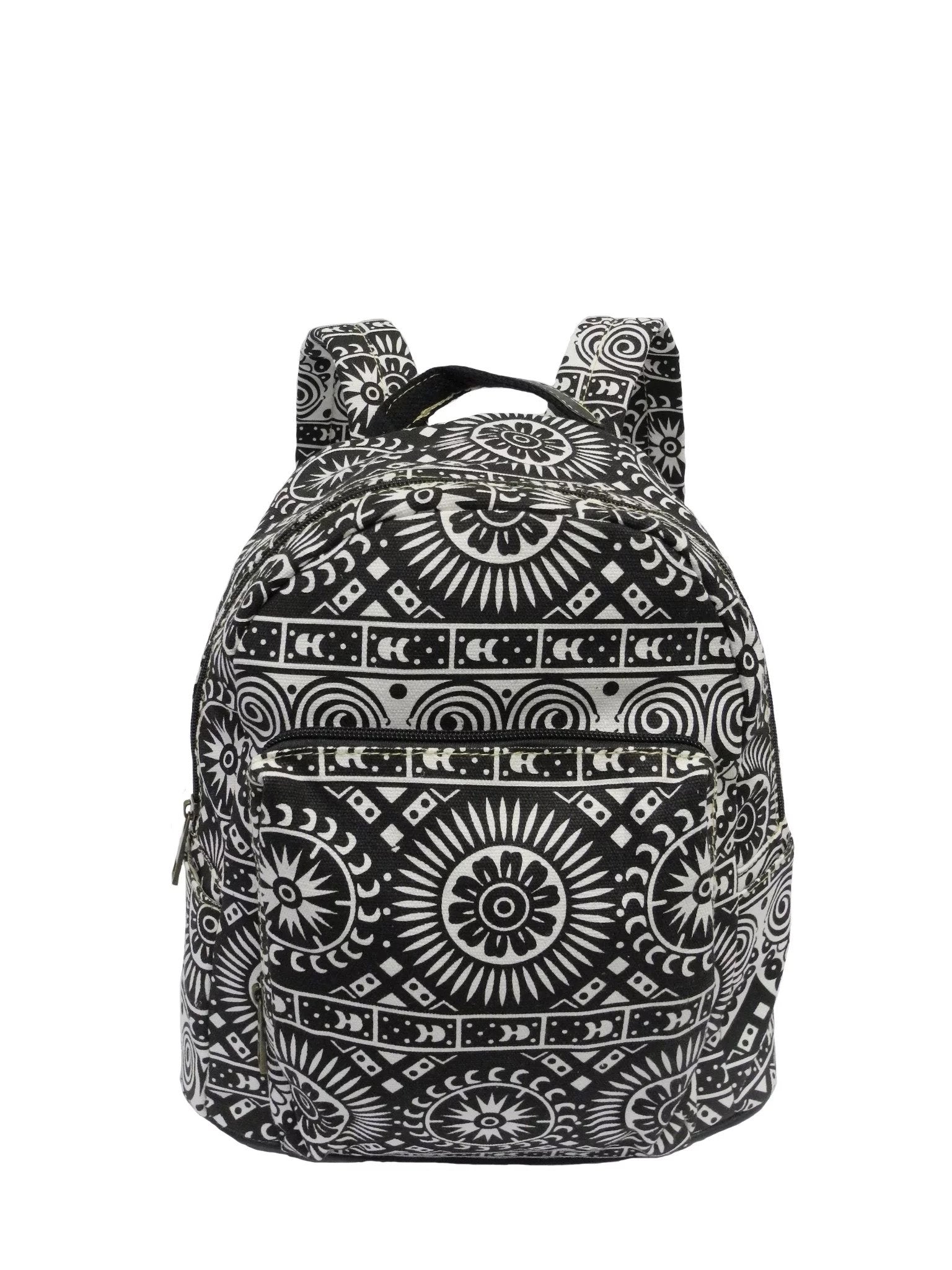 1. Nabo Backpack NK 1945 in black and white pattern, front view showing external zip pocket