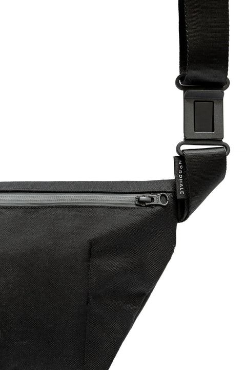 3. Close-up of Nordhale OSLO MINI Cross Body Bag showing YKK zipper and brand logo on black vegan material