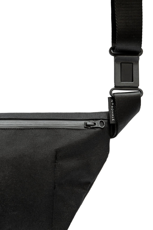 3. Close-up of Nordhale OSLO MINI Cross Body Bag showing YKK zipper and brand logo on black vegan material