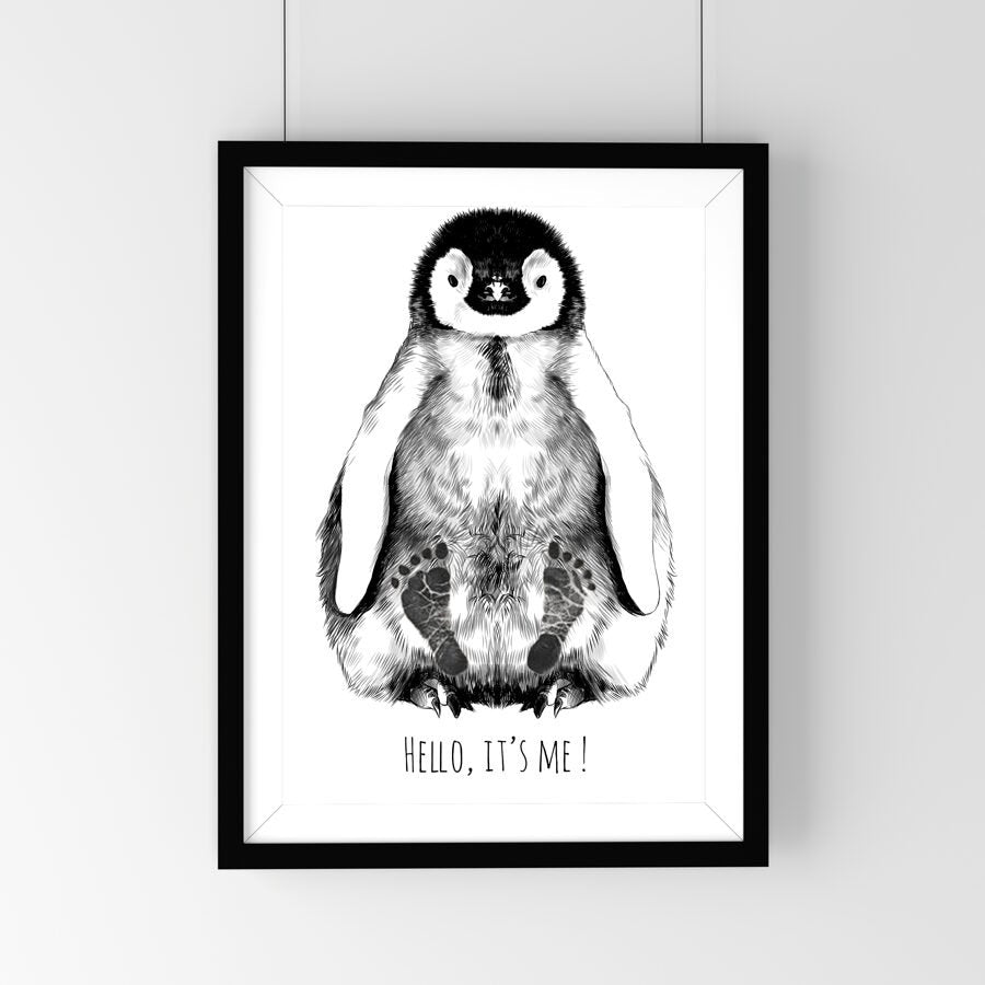1. Personalized baby penguin footprint kit in black frame featuring hand-drawn penguin with text 'Hello, it's me!' on white background, ideal for nursery decor or baby gifts.