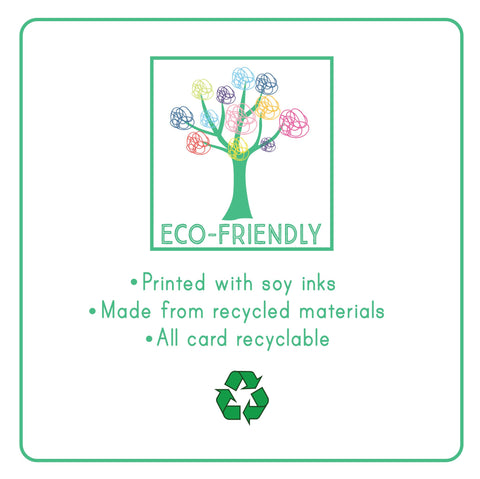 5. Eco-friendly label for Floss & Rock tea set, highlighting soy ink printing, recycled materials, and recyclability