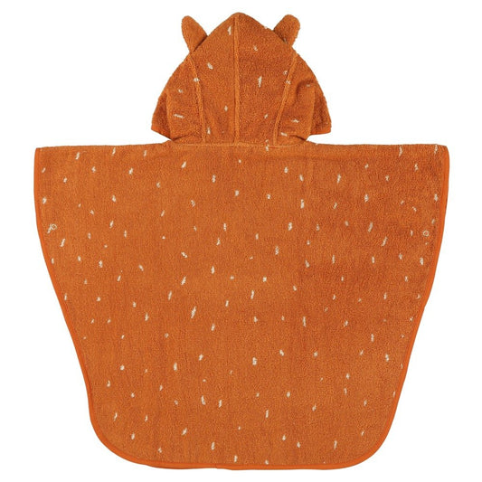 2. Back view of orange fox-themed hooded bathing poncho with ears and white speckled pattern
