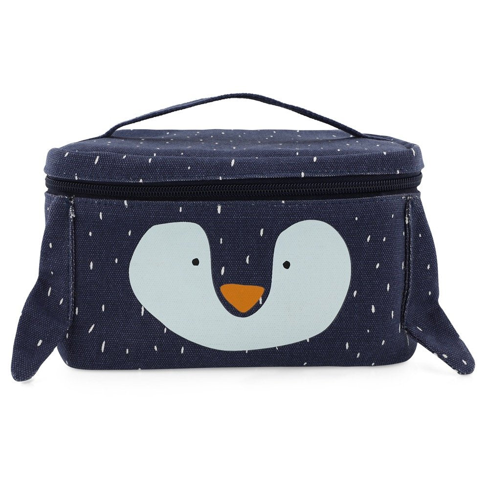 2. Trixie Baby Mr. Penguin thermal lunch bag with penguin face design on navy cotton, shown in studio lighting
