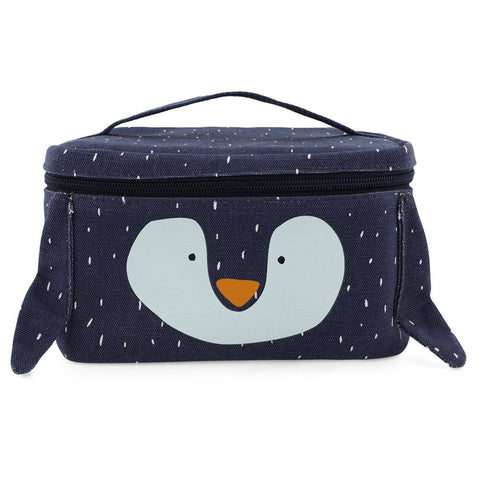 2. Trixie Baby Mr. Penguin thermal lunch bag with penguin face design on navy cotton, shown in studio lighting