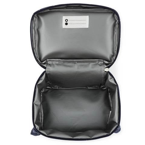 2. Interior view of Trixie Baby Mr. Penguin lunch bag with isothermal lining and name tag