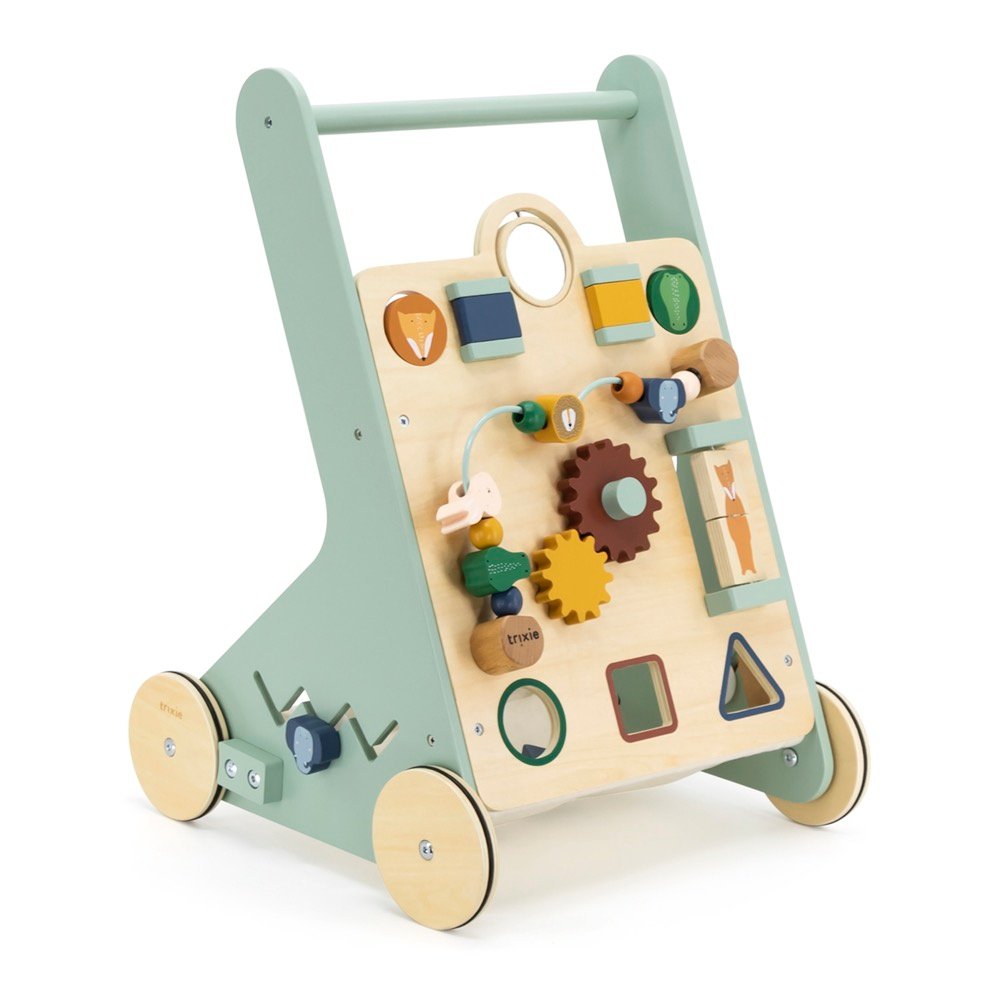 2. Trixie Baby Wooden Activity Walker with interactive elements and colorful shapes on a white background