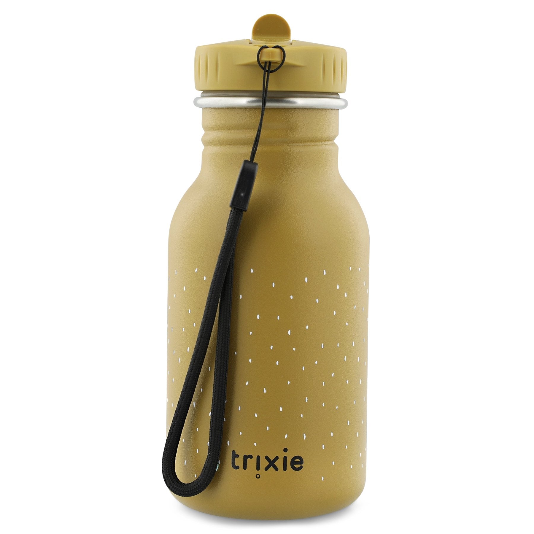 3. Back view of mustard-colored stainless steel bottle with Trixie logo and black carrying loop, featuring easy-to-open cap.