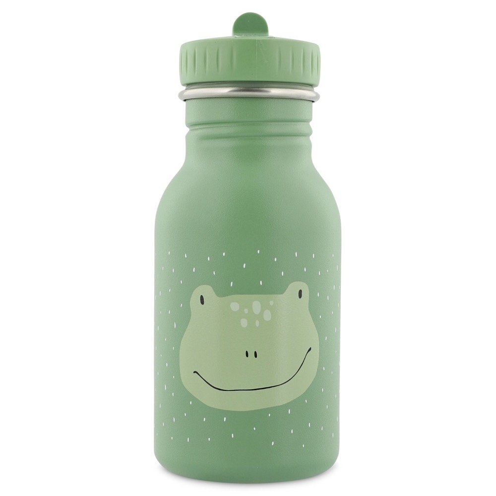 2. Green stainless steel bottle with frog face design and easy-open cap, Trixie Baby brand