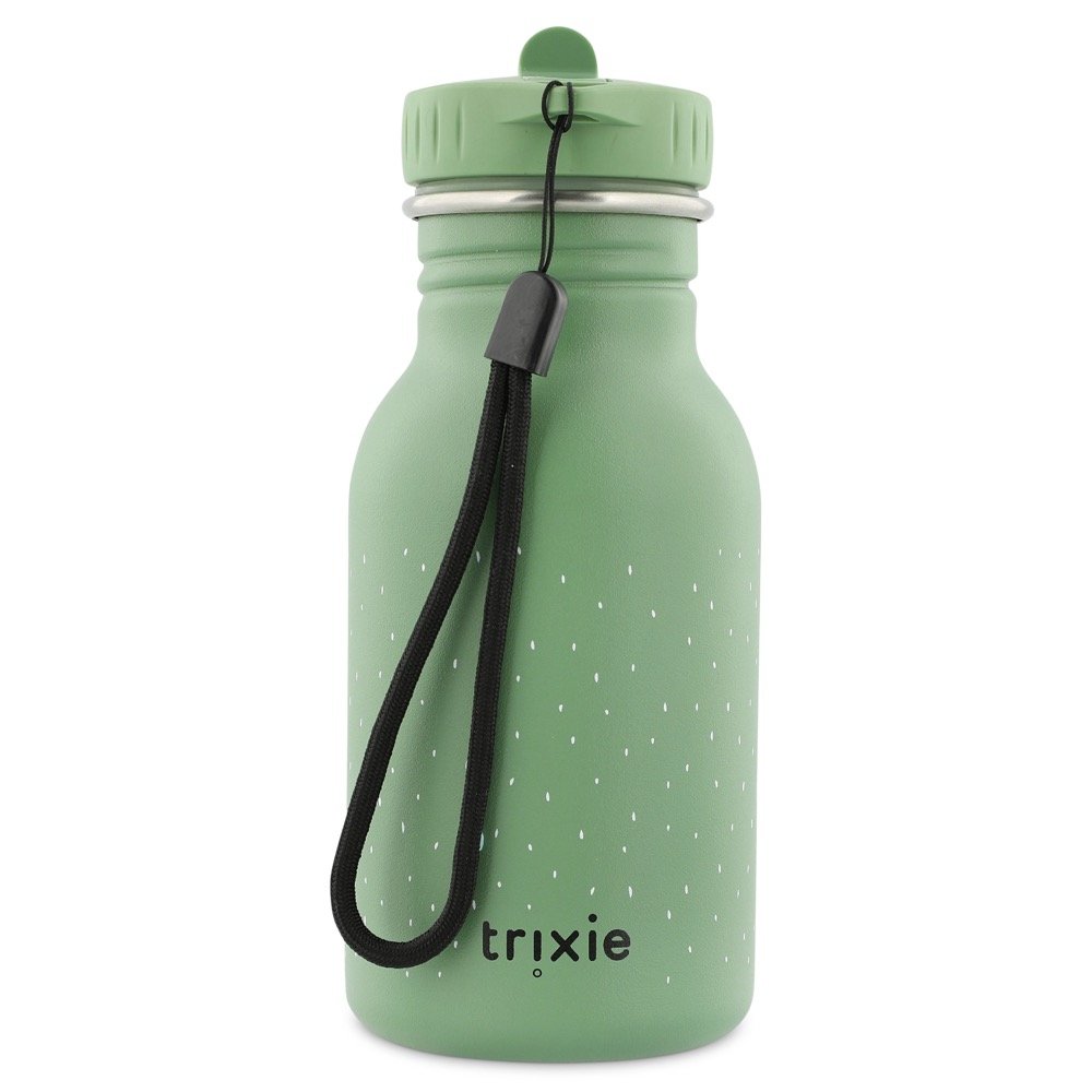 4. Back view of green stainless steel bottle with black carrying loop and Trixie logo