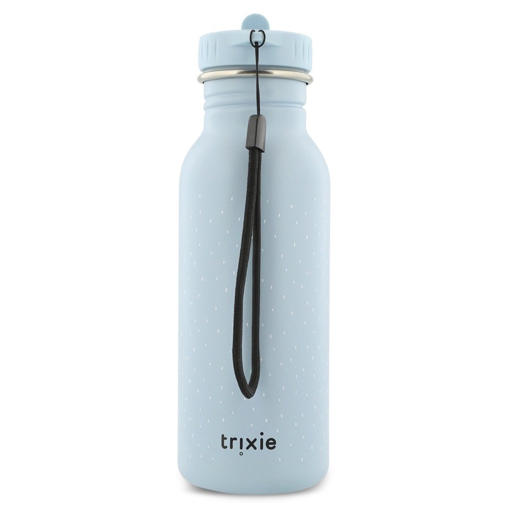 3. Back view of light blue Trixie Baby bottle with black carrying loop and logo